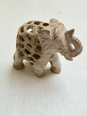 Vintage Hand Carved Soapstone Mother Elephant and Baby Figurine Decor Gift